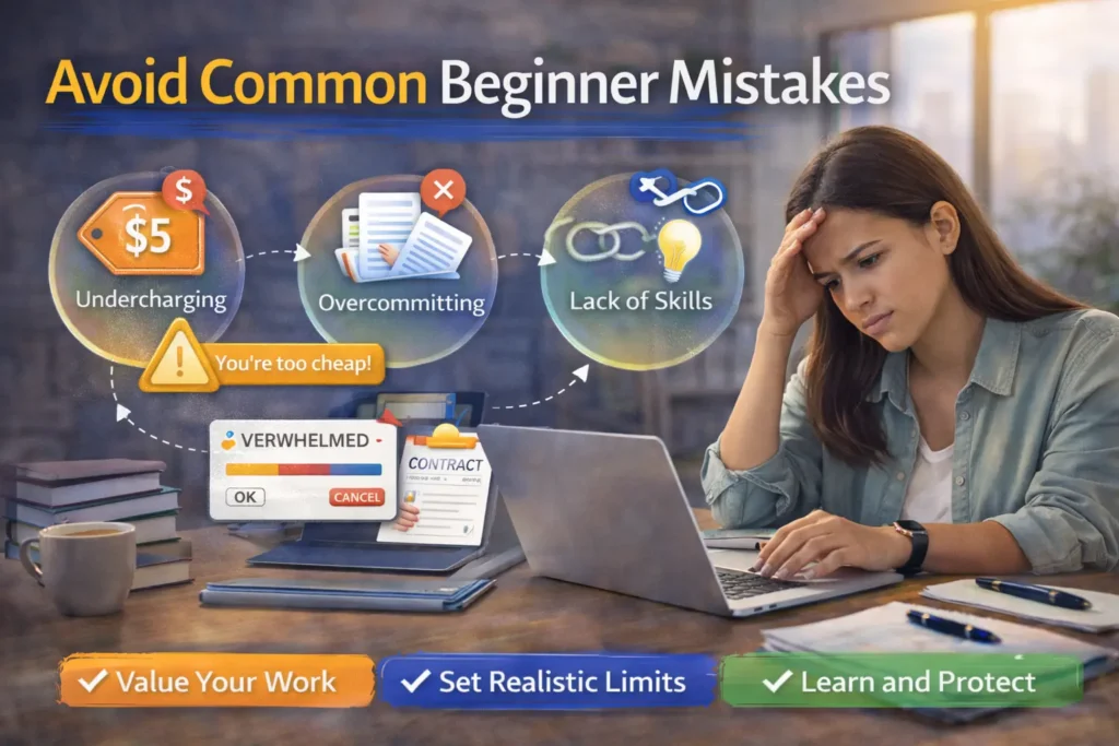 Beginner freelancer stressed while working on laptop, highlighting common freelancing mistakes like undercharging and overcommitting.