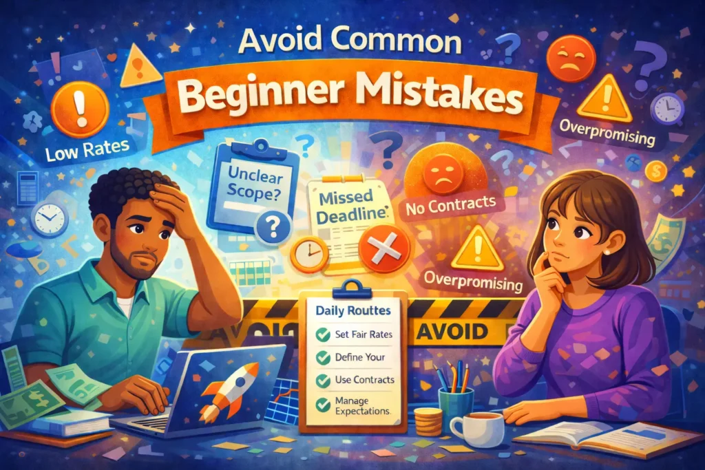 Colorful illustration showing two freelancers reviewing warning signs like low rates, unclear scope, missed deadlines, and no contracts under the title “Avoid Common Beginner Mistakes.”