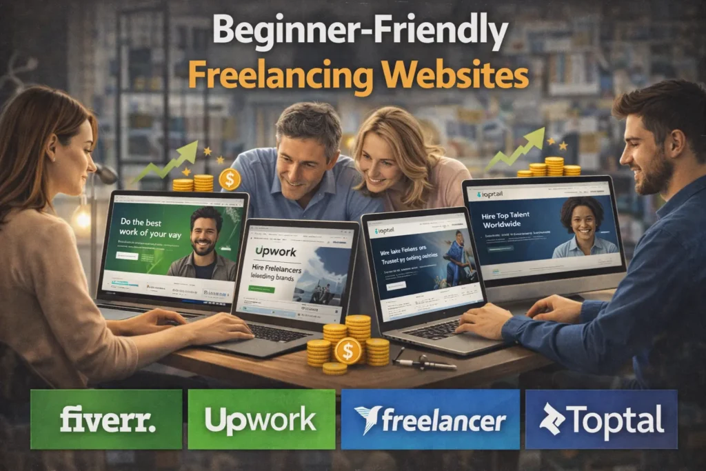 Beginner-friendly freelancing websites including Fiverr, Upwork, Freelancer, and Toptal displayed on laptops with new freelancers working.