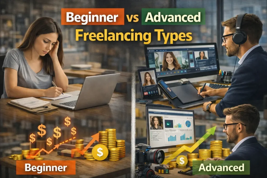 Beginner vs advanced freelancing types comparison showing entry-level freelancer working on a laptop and advanced freelancer managing multiple screens with income growth charts and higher earnings.