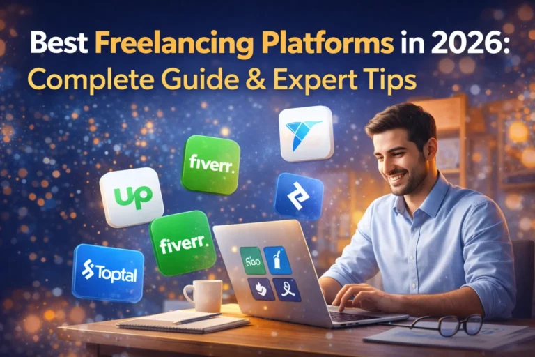 Best freelancing platforms in 2026 including Fiverr, Upwork, and Toptal displayed around a freelancer working on a laptop in a modern home office