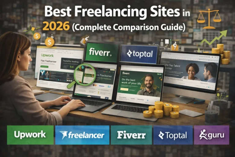 Best freelancing sites in 2026 comparison featuring Upwork, Freelancer, Fiverr, Toptal, and Guru displayed on laptop screens with earnings and growth icons.