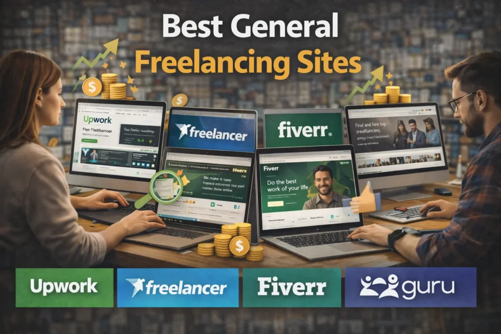 Best general freelancing sites including Upwork, Freelancer, Fiverr, and Guru displayed on laptop screens with earnings growth icons.