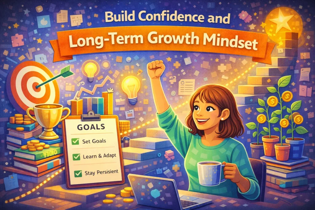 Colorful illustration showing a confident freelancer raising a fist in celebration beside goals checklist, target board, trophy, growth chart, and staircase under the title “Build Confidence and Long-Term Growth Mindset.”