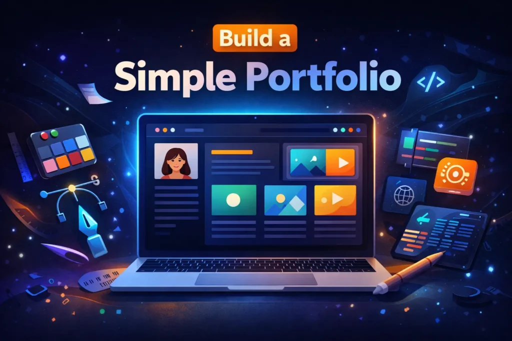 Dark creative illustration showing a laptop displaying a portfolio website with design tools, code icons, and glowing UI elements around it under the title “Build a Simple Portfolio.”
