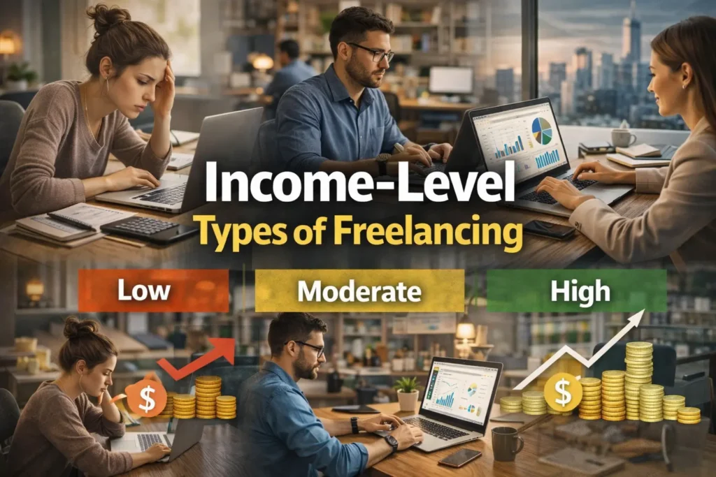 Income-level types of freelancing showing low, moderate, and high earning freelancers working on laptops with financial growth charts and money icons.