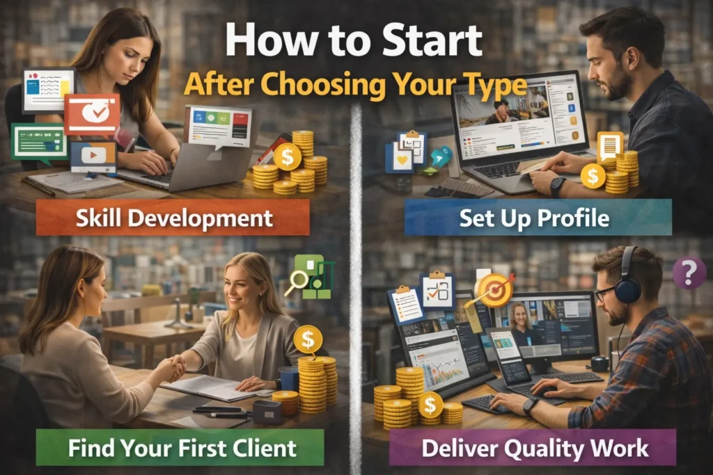 How to start freelancing after choosing your type showing skill development, profile setup, finding first client, and delivering quality freelance work.