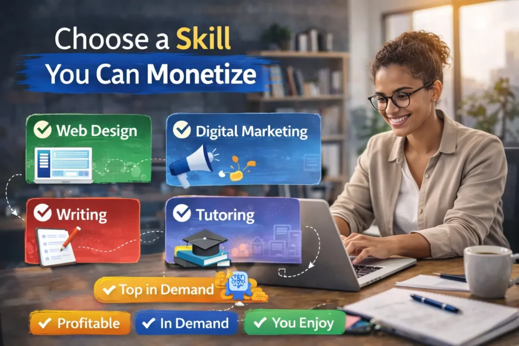 Freelancer choosing profitable skills like web design, digital marketing, writing, and tutoring while working on a laptop at home.