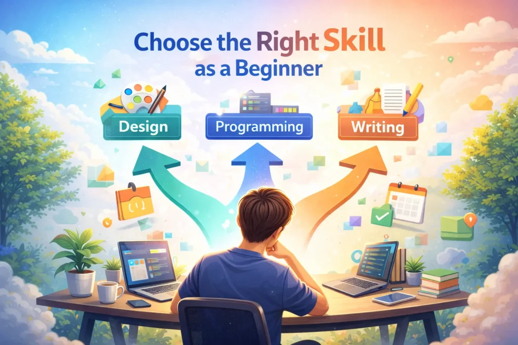 Digital illustration of a beginner sitting at a desk choosing between design, programming, and writing skills, with directional arrows and colorful icons representing career paths.