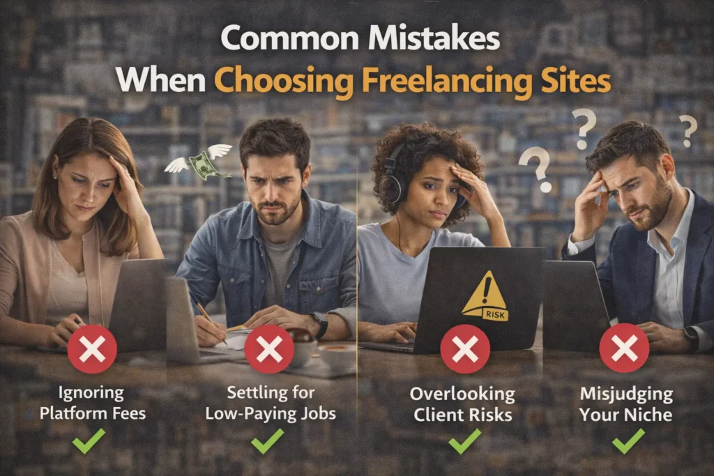 Common mistakes when choosing freelancing sites including ignoring platform fees, accepting low-paying jobs, overlooking client risks, and choosing the wrong niche.