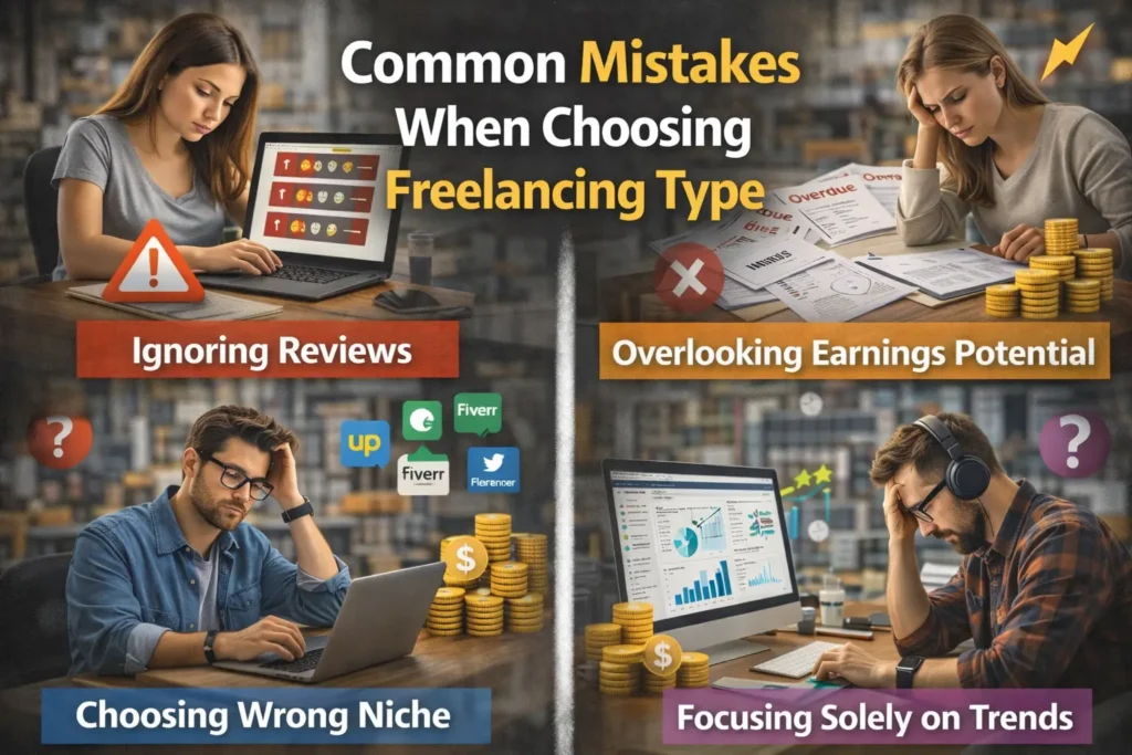 Common mistakes when choosing freelancing type including ignoring reviews, overlooking earning potential, choosing the wrong niche, and following trends blindly.