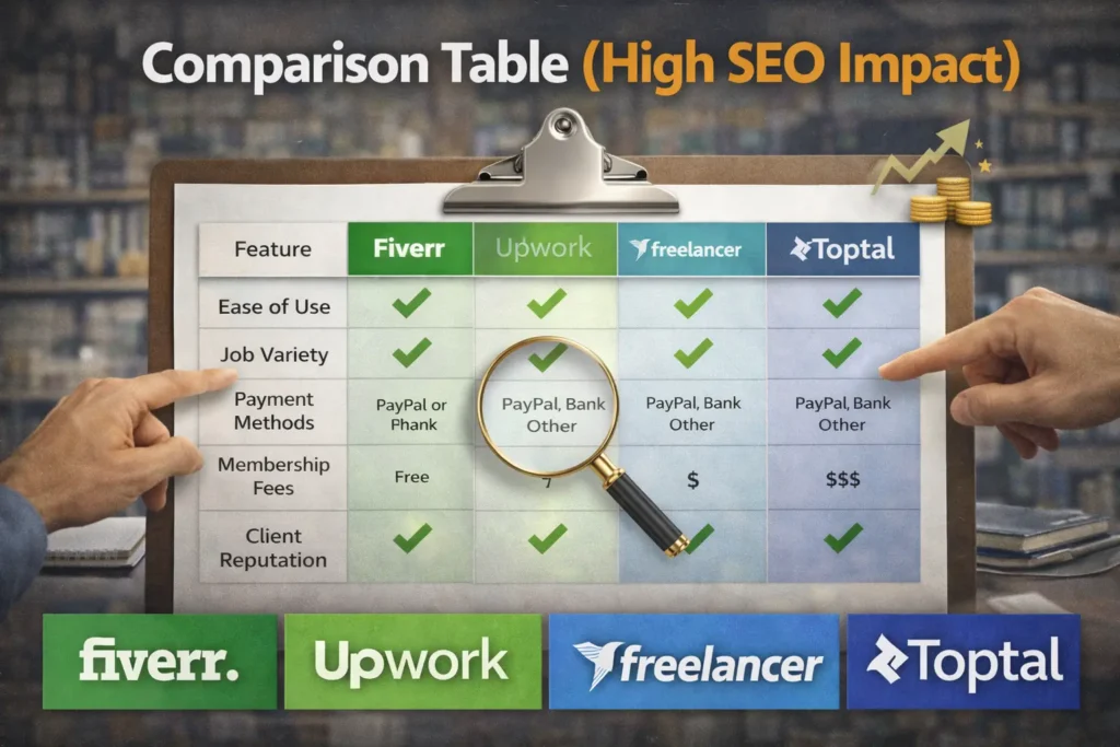 Comparison table of freelancing websites including Fiverr, Upwork, Freelancer, and Toptal highlighting features, fees, payment methods, and ease of use.