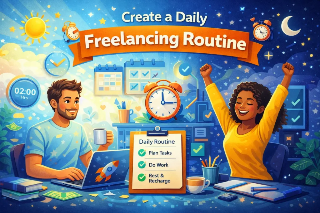 Colorful illustration showing two freelancers organizing a daily routine with a laptop, alarm clock, calendar, checklist, and day-to-night background under the title “Create a Daily Freelancing Routine.”