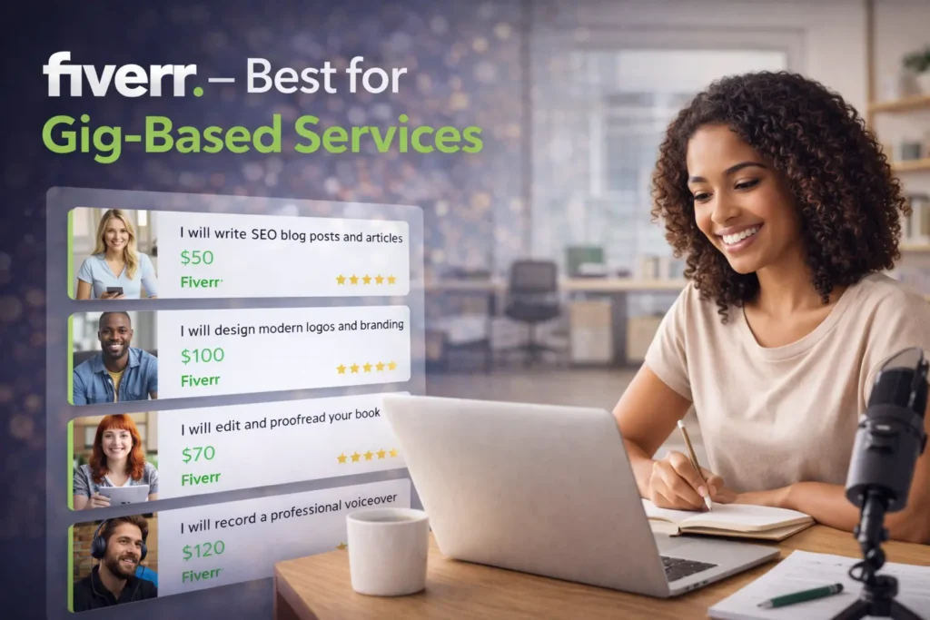 Fiverr best for gig-based services banner showing freelancer working on laptop with Fiverr gig listings and pricing displayed