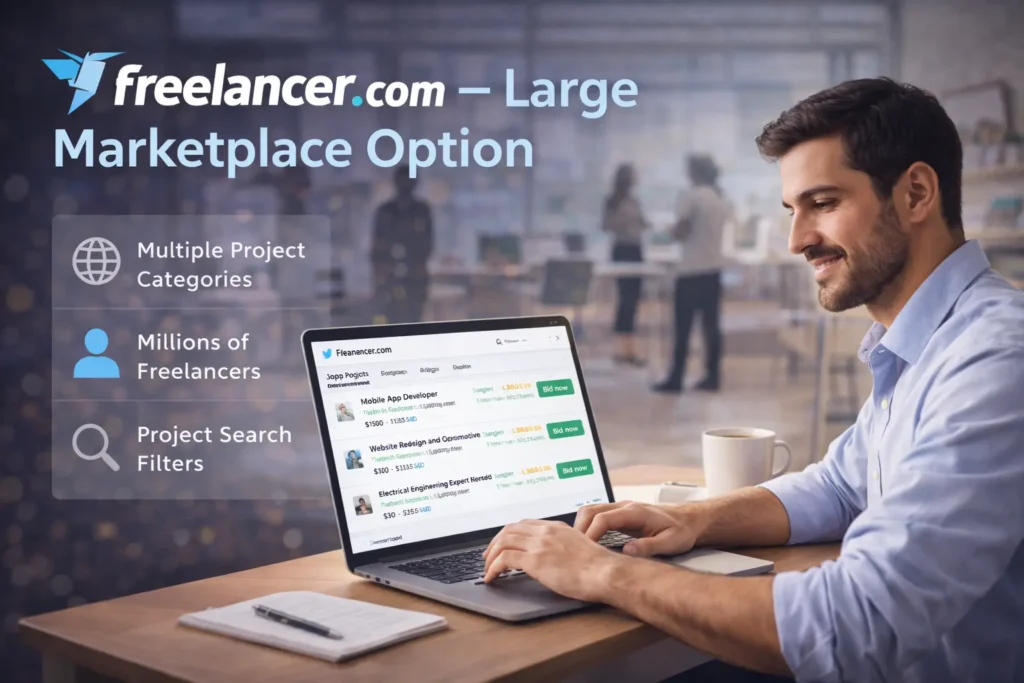 Freelancer.com large marketplace option banner showing freelancer browsing projects and bidding on jobs online
