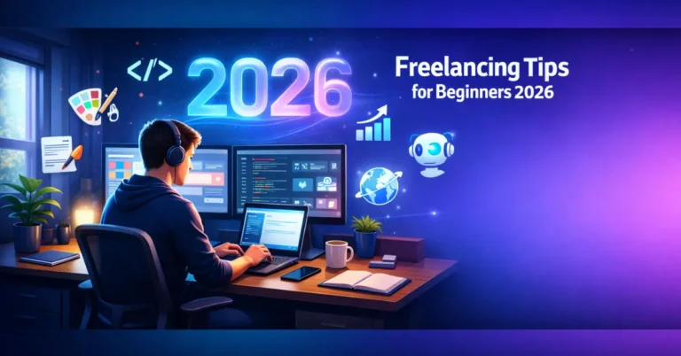 Digital illustration of a young freelancer working on a laptop with dual monitors in a modern home office, glowing “2026” text in background with icons representing design, coding, analytics, AI tools, and remote work.