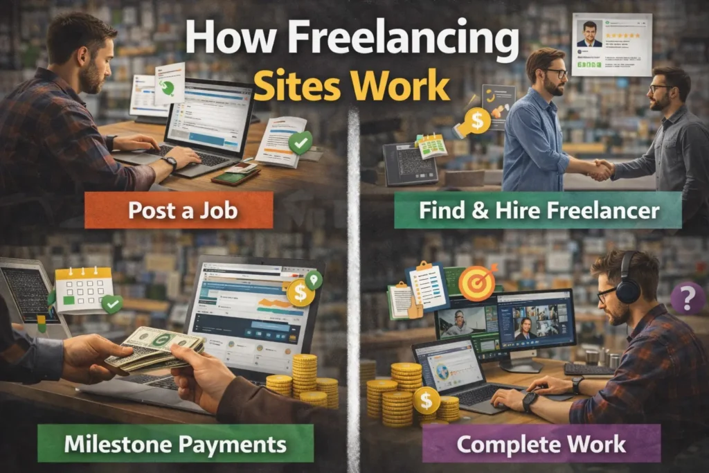 How freelancing sites work showing process steps: post a job, hire a freelancer, milestone payments, and complete work with online platform dashboards.