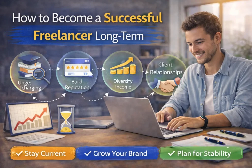 Successful freelancer working confidently on a laptop, symbolizing long-term freelance growth, consistent income, and career stability.
