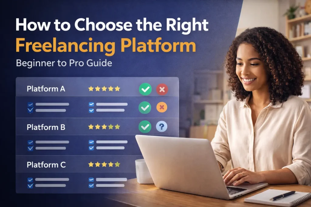How to choose the right freelancing platform comparison guide showing a professional woman working on laptop with platform ratings and checklist