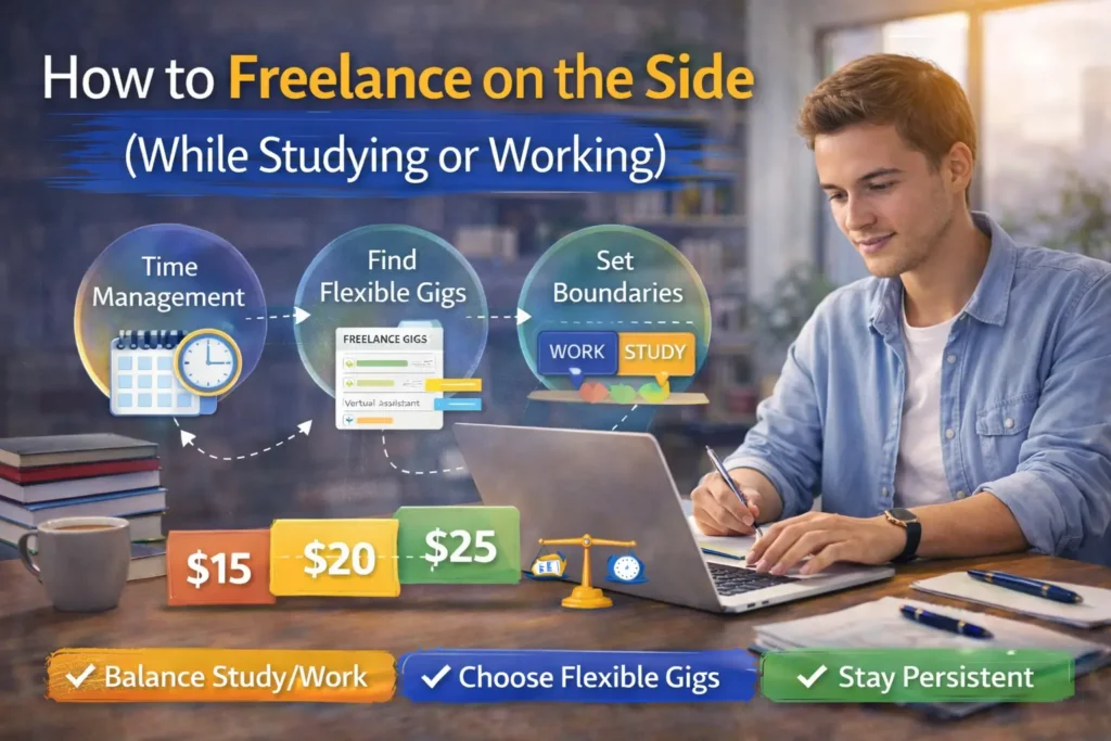 Student freelancer working on a laptop while studying, managing time and balancing side freelancing work with education.