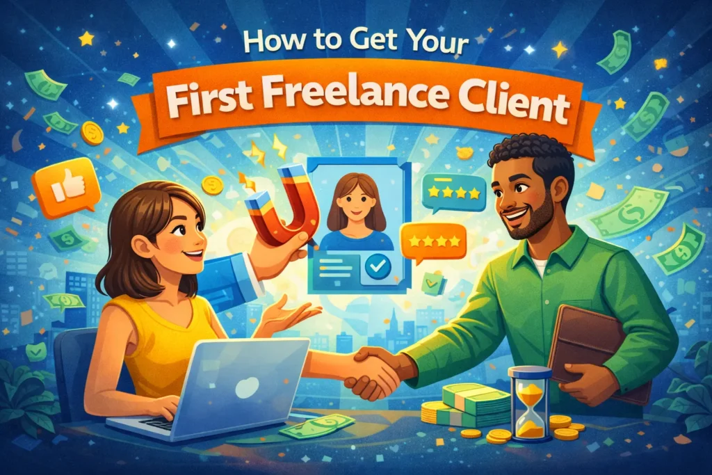 Colorful illustration showing a freelancer and client shaking hands with a laptop, magnet icon, money symbols, and five-star ratings under the title “How to Get Your First Freelance Client.”