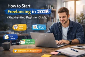 Beginner freelancer working on laptop with step-by-step guide on how to start freelancing in 2026, including skills, profile setup, and finding clients.