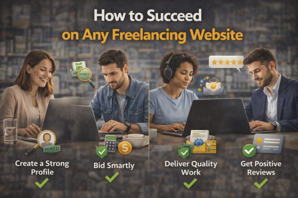 How to succeed on any freelancing website showing tips like creating a strong profile, bidding smartly, delivering quality work, and getting positive reviews.
