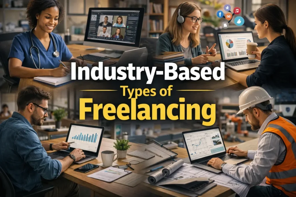 Industry-based freelancing examples including healthcare, education, marketing, finance, and engineering professionals working remotely on laptops in modern office settings.