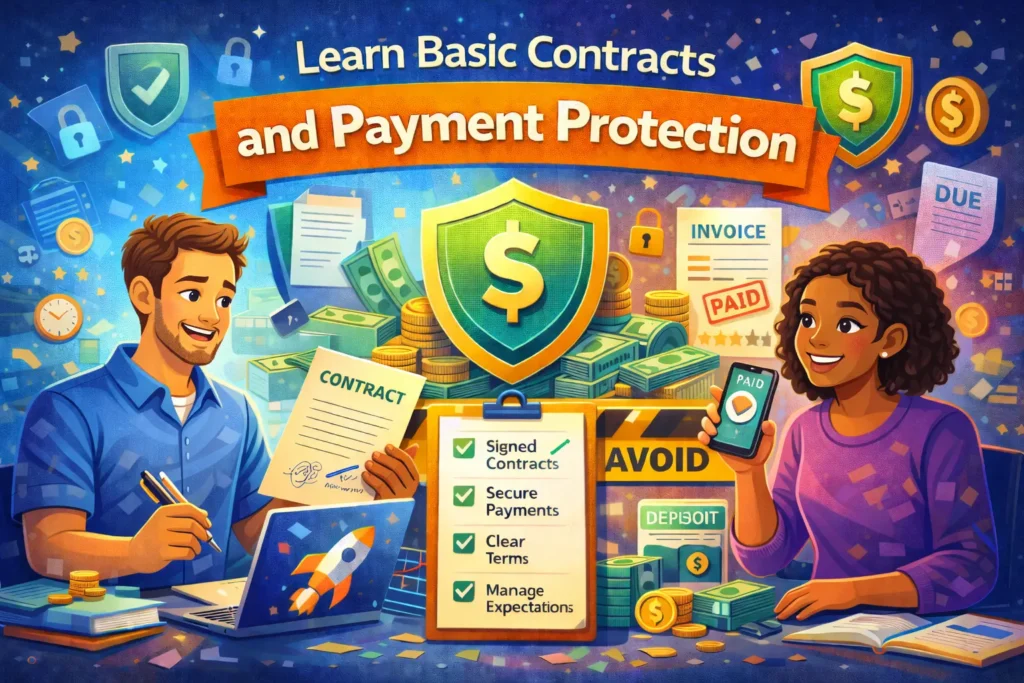 Colorful illustration showing two freelancers reviewing a contract and a paid invoice with a large security shield and money icons under the title “Learn Basic Contracts and Payment Protection.”