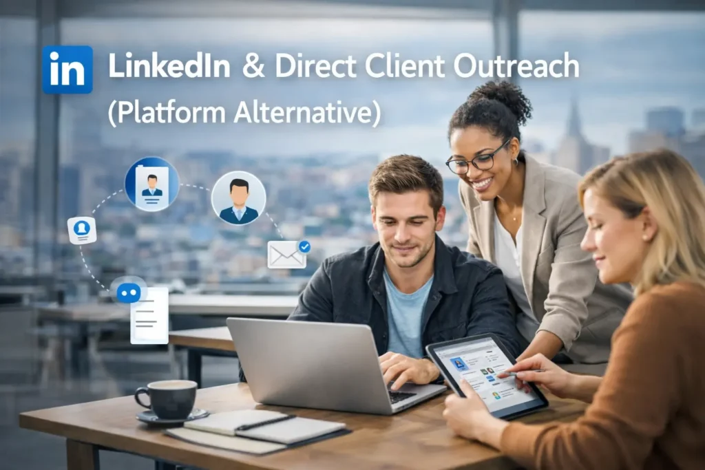 Professional freelancer using LinkedIn on a laptop while networking and reaching out to clients directly as a freelance platform alternative.