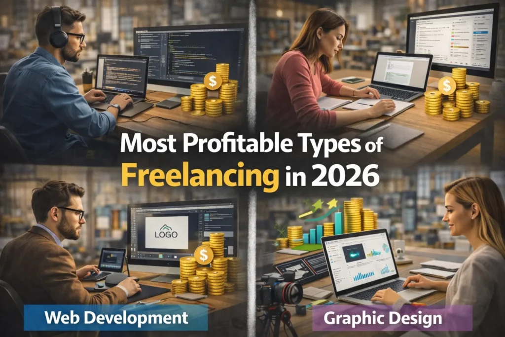 Most profitable types of freelancing in 2026 featuring web development, graphic design, copywriting, and digital marketing with income growth charts and money icons.
