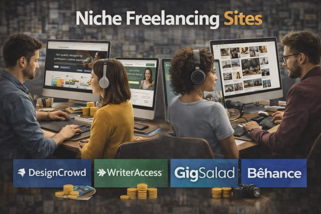 Niche freelancing sites including DesignCrowd, WriterAccess, GigSalad, and Behance displayed on desktop screens with creative professionals working.