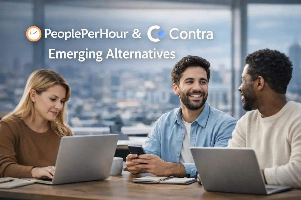 Freelancers collaborating in a modern office representing PeoplePerHour and Contra as emerging freelance marketplace alternatives.