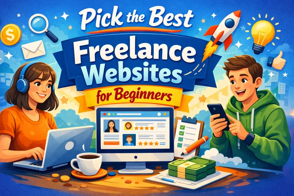 Colorful illustration showing two beginners using a laptop and smartphone with the title “Pick the Best Freelance Websites for Beginners” and logos of Upwork, Fiverr, displayed on screen.