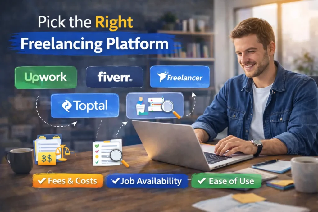 Freelancer comparing Upwork, Fiverr, Freelancer, and Toptal on a laptop to choose the right freelancing platform based on fees and job availability.