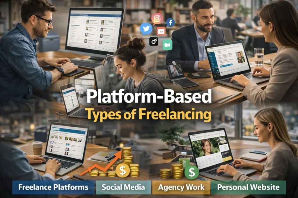 Platform-based types of freelancing including freelance platforms, social media, agency work, and personal websites displayed with freelancers working on laptops.