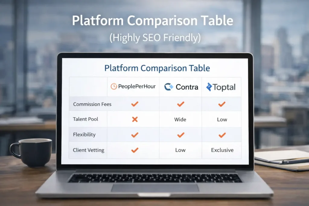 Freelance platform comparison table on laptop screen comparing PeoplePerHour, Contra, and Toptal features, fees, and client vetting.
