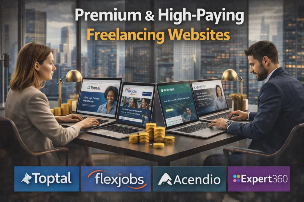 Premium and high-paying freelancing websites comparison featuring Toptal, FlexJobs, Acendio, and Expert360 displayed on laptops in a modern office setting.