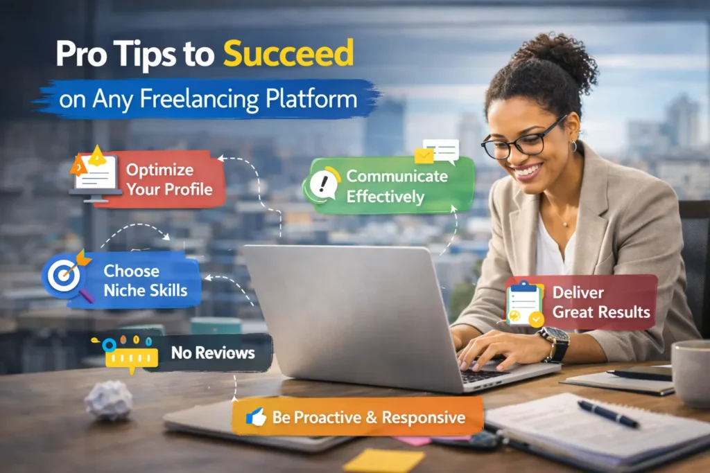 Confident freelancer working on laptop with strategy notes, representing pro tips for success on freelancing platforms.