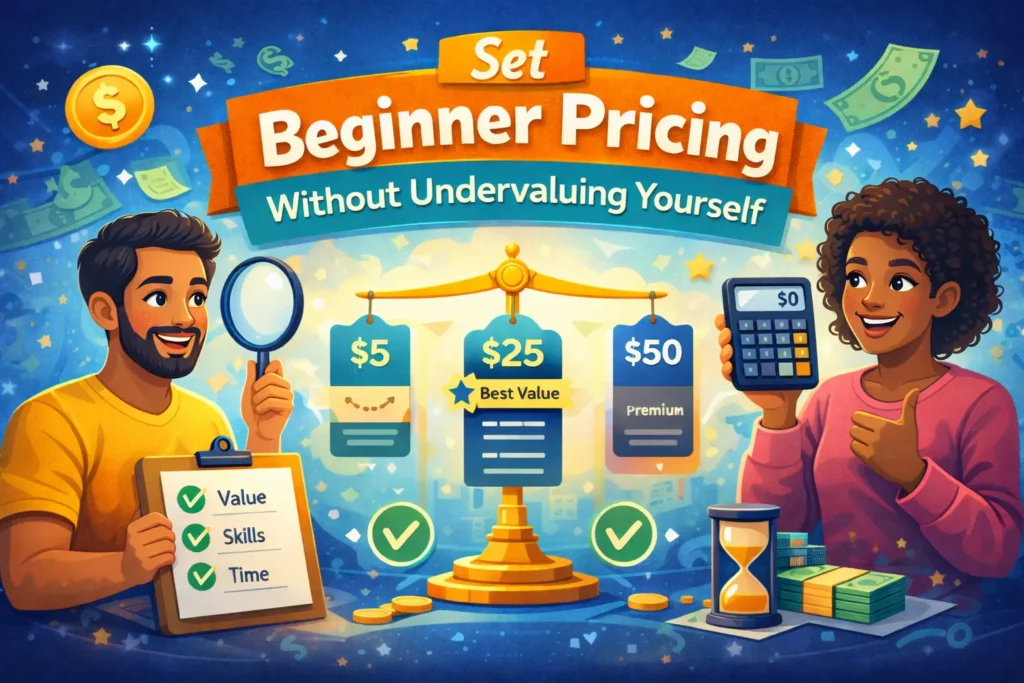 Colorful illustration showing two freelancers evaluating pricing options on a scale with $5, $25, and $50 tiers under the title “Set Beginner Pricing Without Undervaluing Yourself.”
