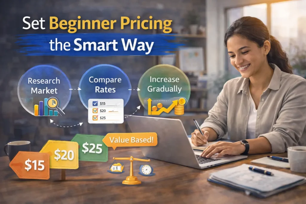 Beginner freelancer setting pricing strategy on laptop by researching market rates, comparing prices, and increasing rates gradually.
