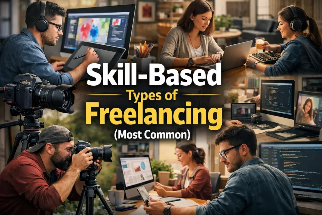Skill-based freelancing types including graphic design, web development, content writing, video editing, and photography professionals working remotely on laptops and desktops.