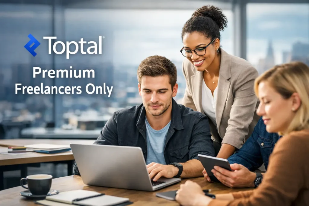 Toptal premium freelancers collaborating in a modern office, showcasing elite remote talent working on a laptop under the “Premium Freelancers Only” banner.