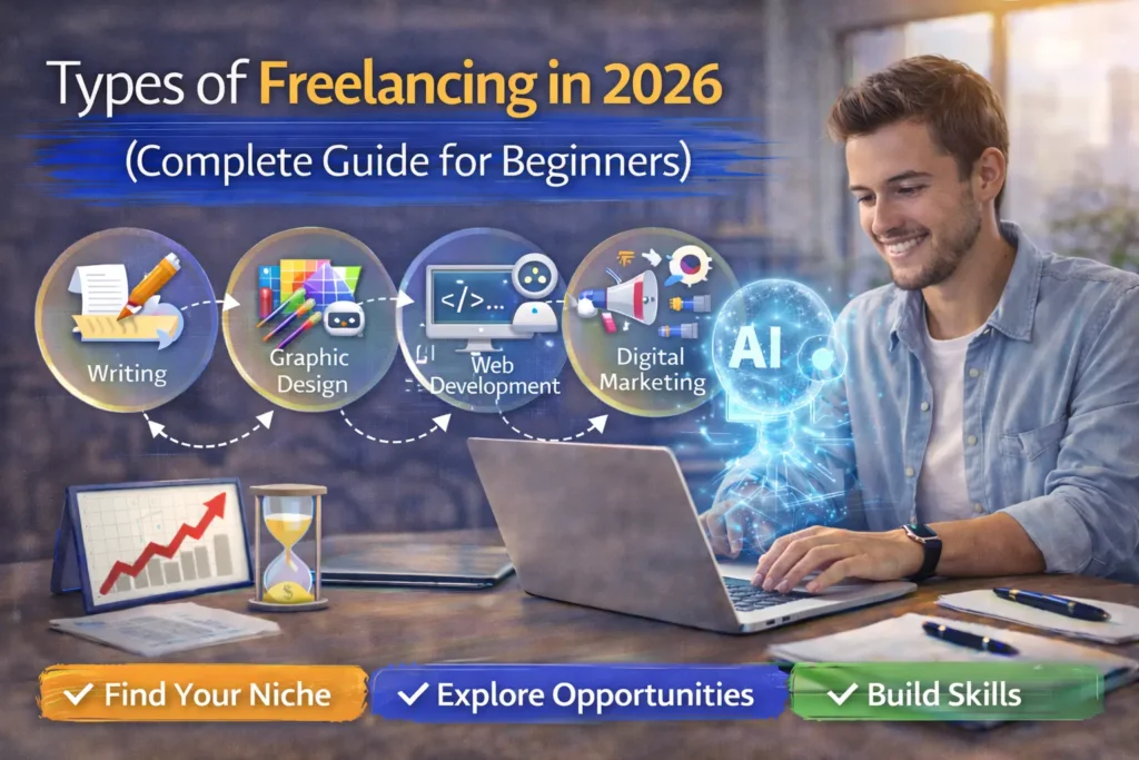 Freelancer exploring different types of freelancing in 2026 such as writing, graphic design, web development, and digital marketing.