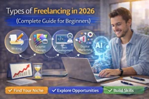 Freelancer exploring different types of freelancing in 2026 such as writing, graphic design, web development, and digital marketing.