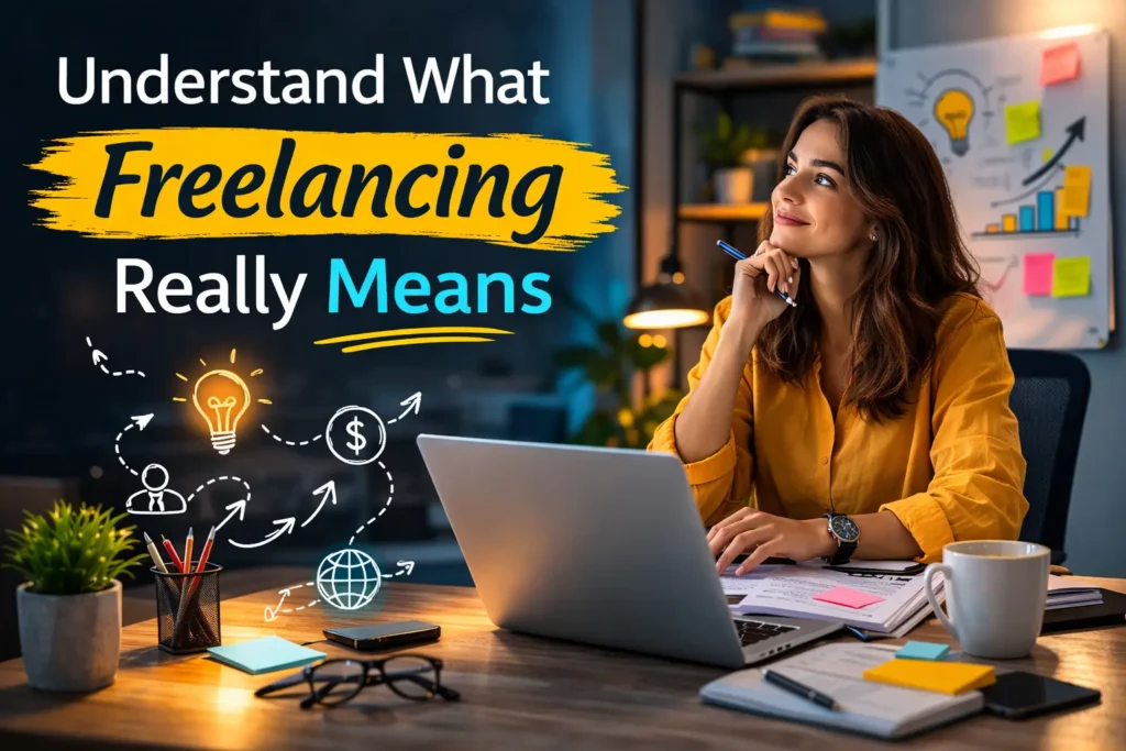 Professional freelancer working on laptop in home office, illustrating what freelancing really means including flexibility, responsibility, and independent income.