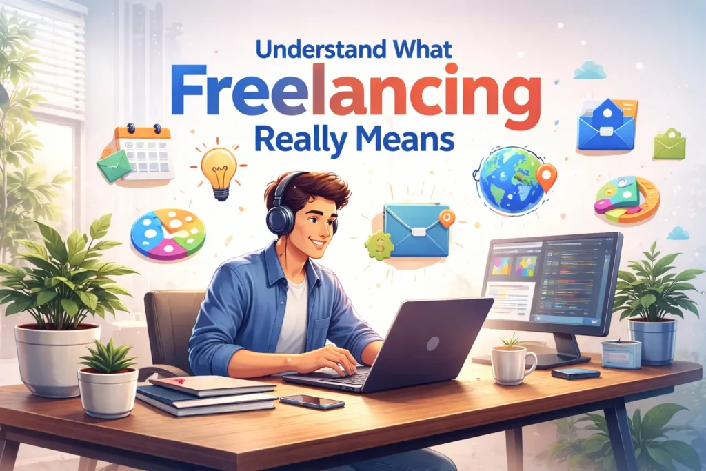 Digital illustration of a young freelancer working on a laptop in a home office, surrounded by icons representing creativity, communication, global work, and productivity under the title “Understand What Freelancing Really Means.”