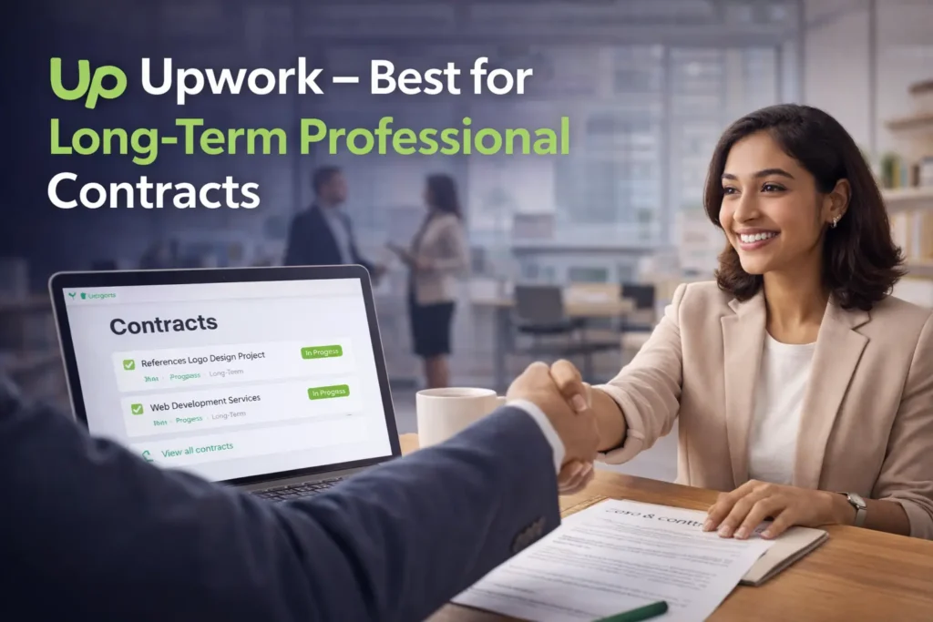 Upwork best for long-term professional contracts banner showing freelancer shaking hands with client and contracts displayed on laptop