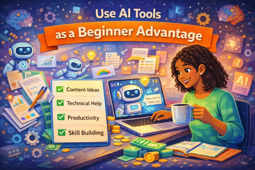 Colorful illustration showing a beginner freelancer using AI tools on a laptop with a robot assistant, checklist of benefits, and productivity icons under the title “Use AI Tools as a Beginner Advantage.”