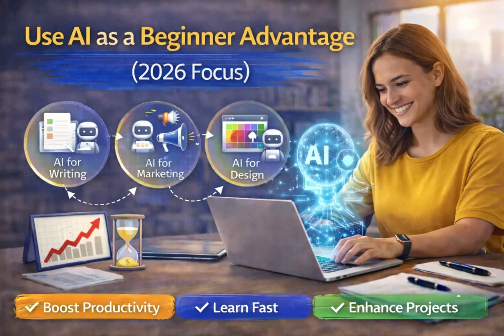 Beginner freelancer using AI tools on a laptop to improve writing, marketing, and design skills in 2026.